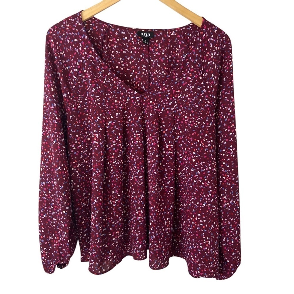a.n.a. A New Approach Maroon Tiny Dot Blouse Popover Puff Sleeves Career XL